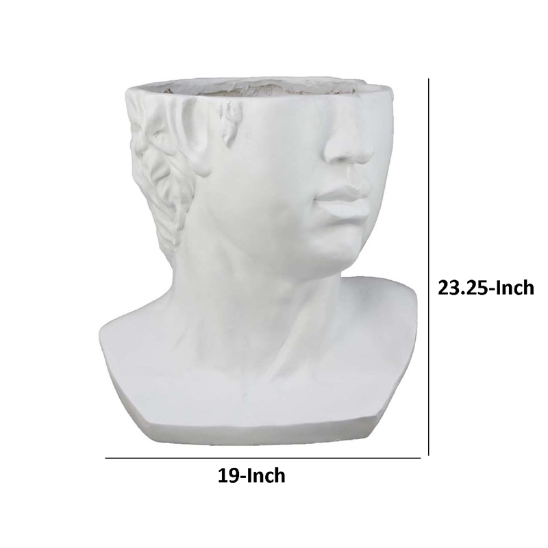 Benjara Kylz Decor Head Garden Planter- 23 Inch- Wide Open Top- White Resin