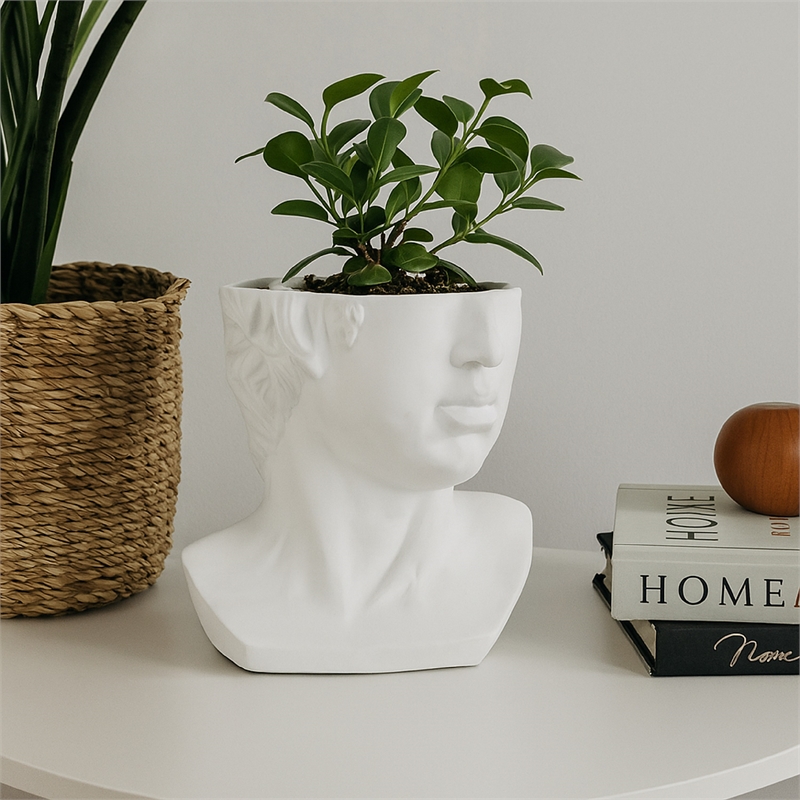 Benjara Kylz Decor Head Garden Planter- 23 Inch- Wide Open Top- White Resin