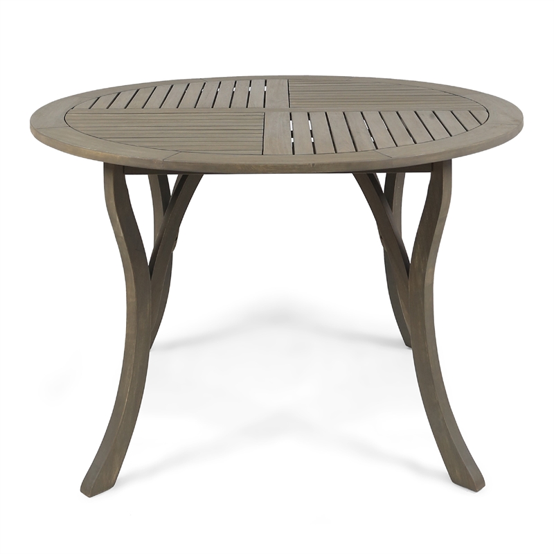 Benjara Olen Outdoor Round Dining Table- Curved Legs- Gray Acacia Wood 47 Inch