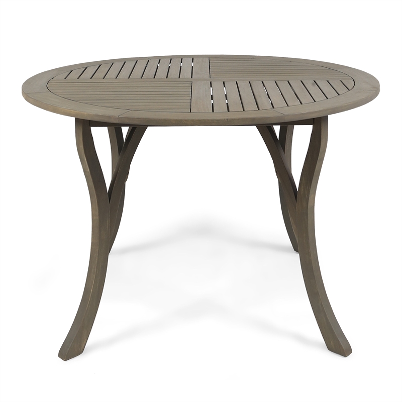 Benjara Olen Outdoor Round Dining Table- Curved Legs- Gray Acacia Wood 47 Inch