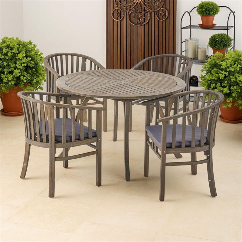 Benjara Olen Outdoor Round Dining Table- Curved Legs- Gray Acacia Wood 47 Inch