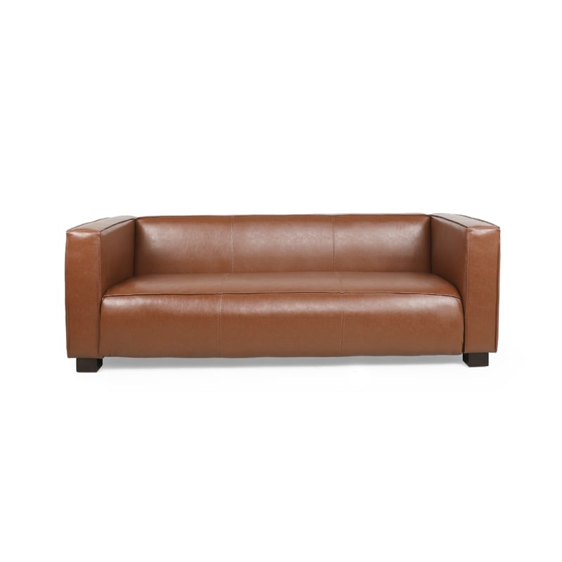 Benjara Grag 3 Seater Sofa- Tuxedo Design- Birch Wood Legs- Brown Faux Leather