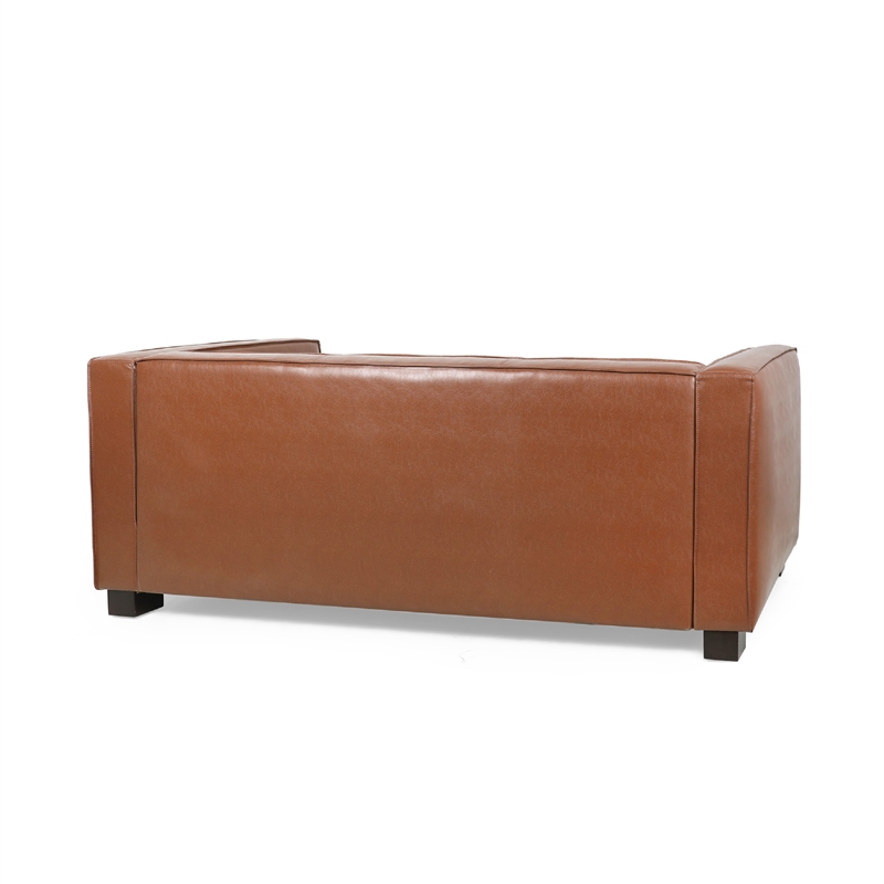 Benjara Grag 3 Seater Sofa- Tuxedo Design- Birch Wood Legs- Brown Faux Leather