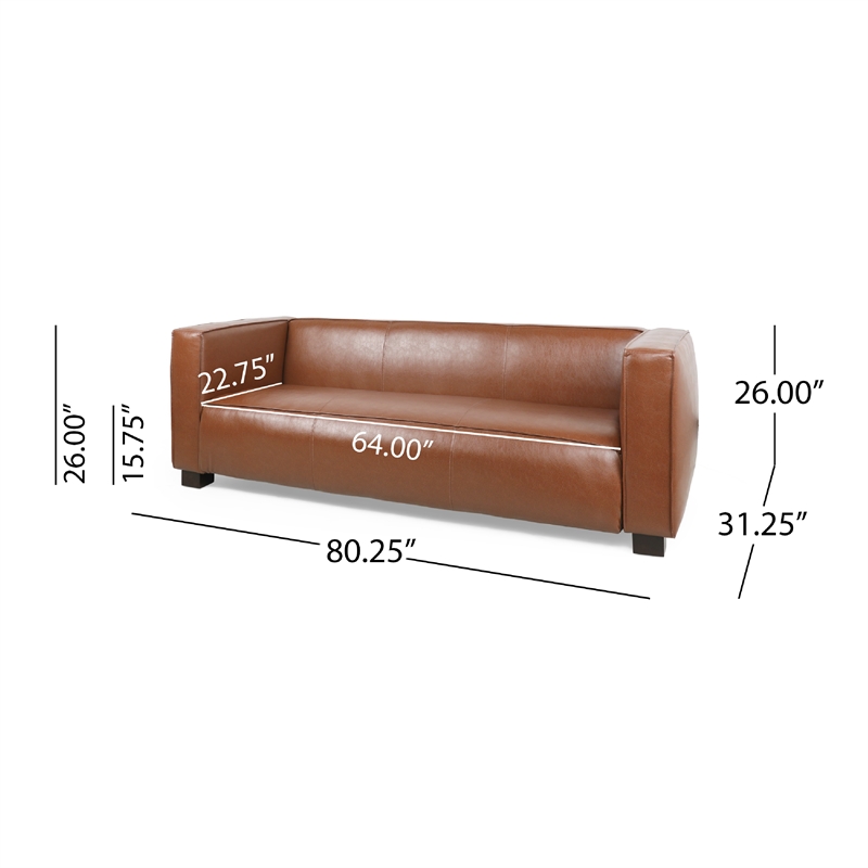 Benjara Grag 3 Seater Sofa- Tuxedo Design- Birch Wood Legs- Brown Faux Leather