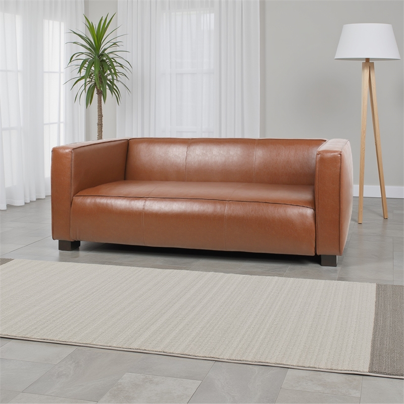 Benjara Grag 3 Seater Sofa- Tuxedo Design- Birch Wood Legs- Brown Faux Leather