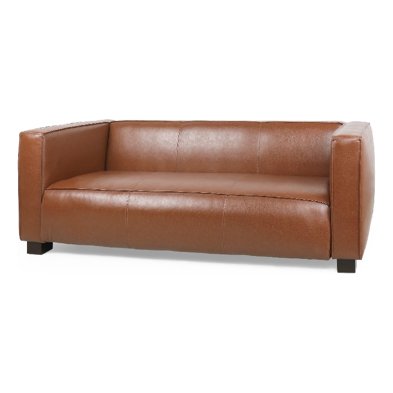 Benjara Grag 3 Seater Sofa- Tuxedo Design- Birch Wood Legs- Brown Faux Leather