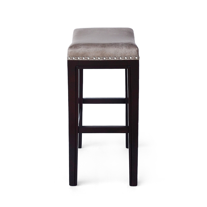 Benjara Feine Counter Stool Set of 2- Nailhead Trim- Taupe Gray Faux Leather