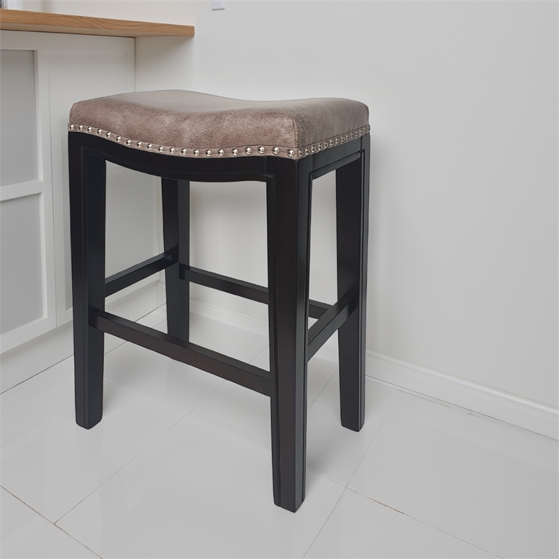 Benjara Feine Counter Stool Set of 2- Nailhead Trim- Taupe Gray Faux Leather