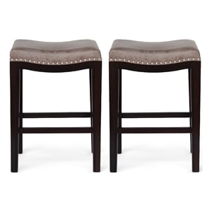 Benjara Feine Counter Stool Set of 2- Nailhead Trim- Taupe Gray Faux Leather