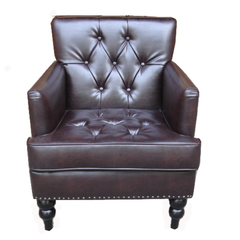 Benjara Lit Club Armchair- Turned Birch Wood Legs- Brown Tufted Faux Leather