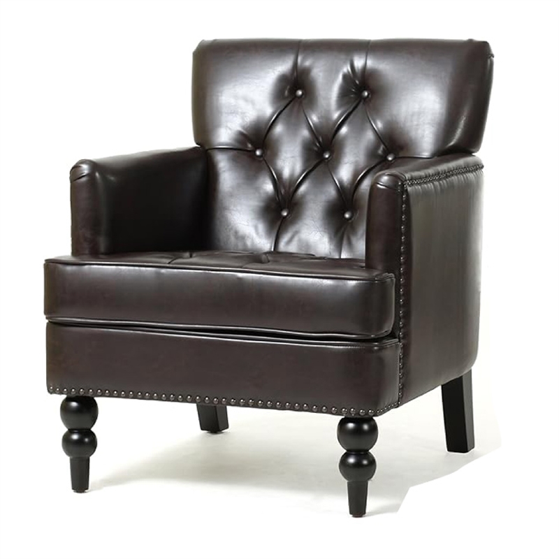 Benjara Lit Club Armchair- Turned Birch Wood Legs- Brown Tufted Faux Leather