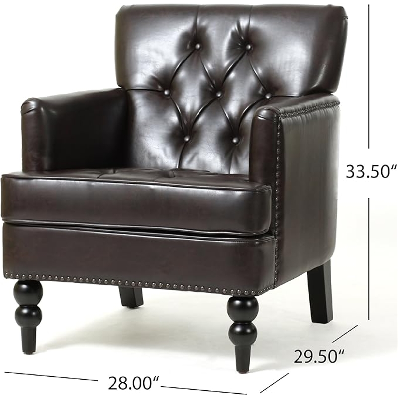 Benjara Lit Club Armchair- Turned Birch Wood Legs- Brown Tufted Faux Leather