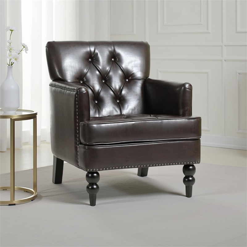 Benjara Lit Club Armchair- Turned Birch Wood Legs- Brown Tufted Faux Leather