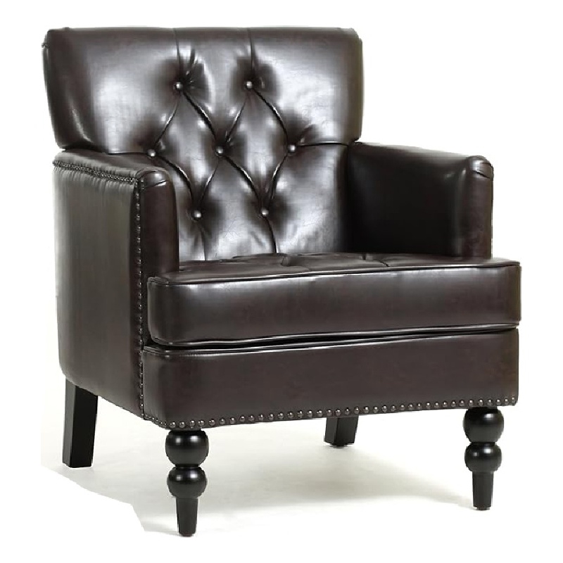 Benjara Lit Club Armchair- Turned Birch Wood Legs- Brown Tufted Faux Leather