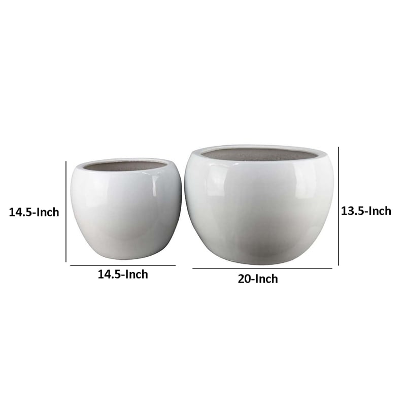 Benjara Womy Wide Decorative Planters Set of 2- Gloss White Ceramic 14 20 Inch