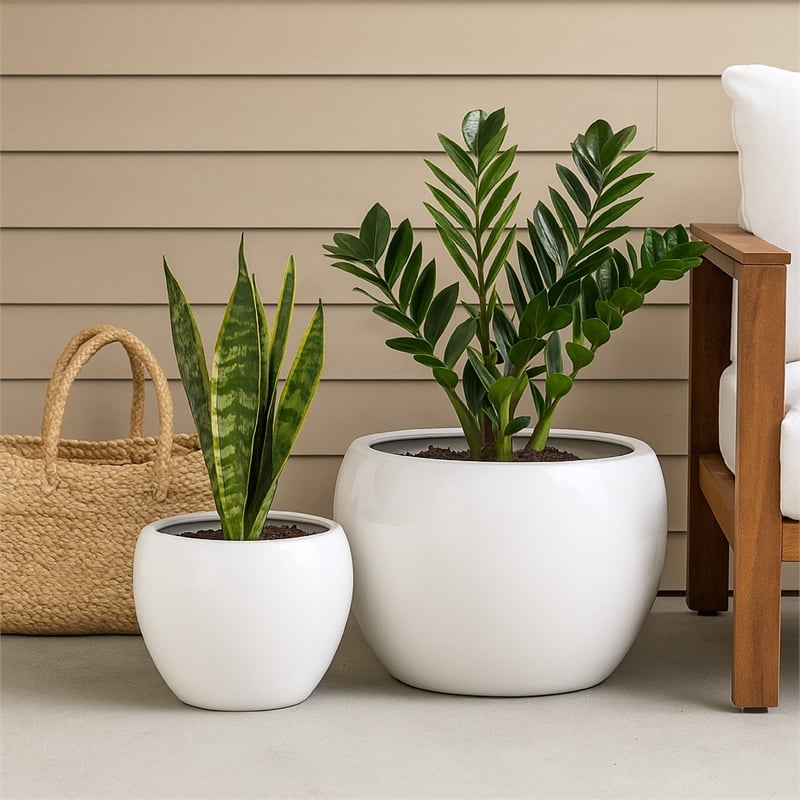Benjara Womy Wide Decorative Planters Set of 2- Gloss White Ceramic 14 20 Inch