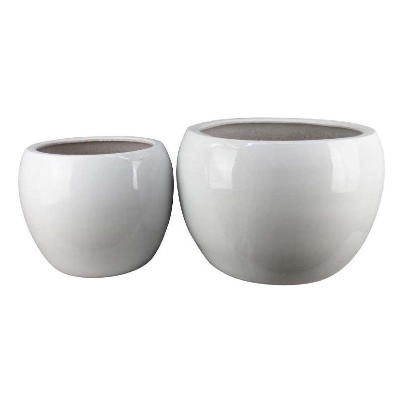 Benjara Womy Wide Decorative Planters Set of 2- Gloss White Ceramic 14 20 Inch