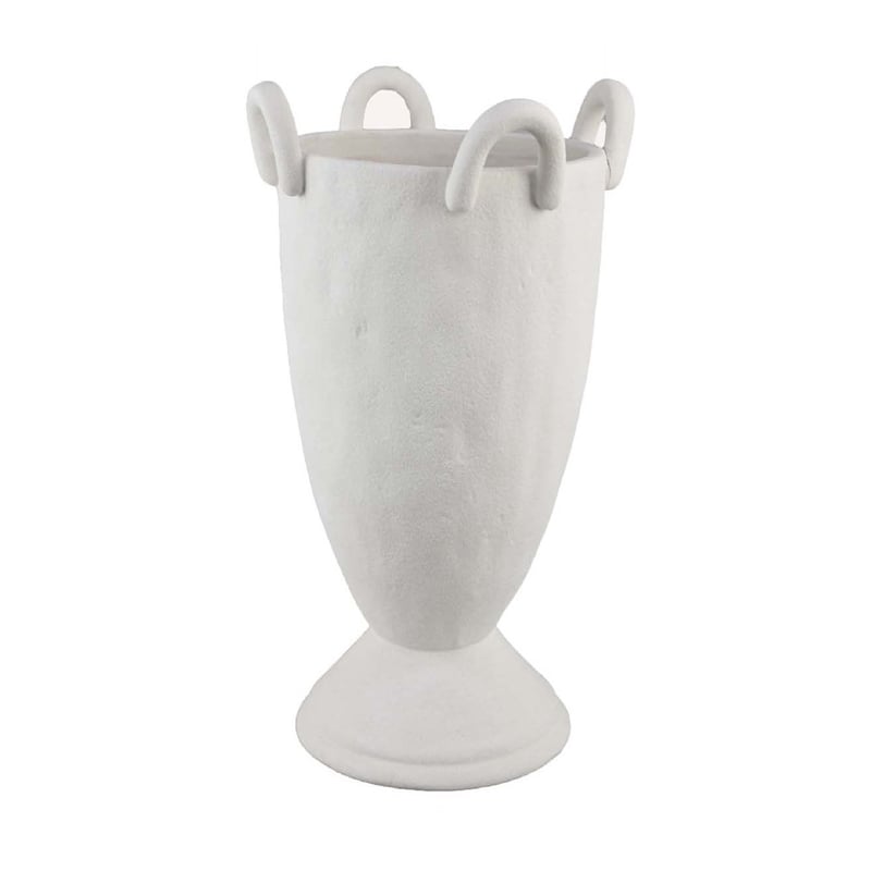 Benjara Fiji Accent Planter w Loop Handles- Pedestal White Ceramic 16 Inch