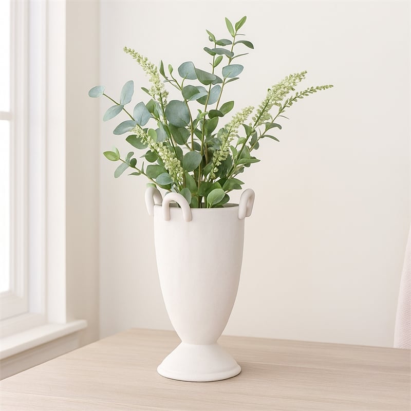 Benjara Fiji Accent Planter w Loop Handles- Pedestal White Ceramic 16 Inch