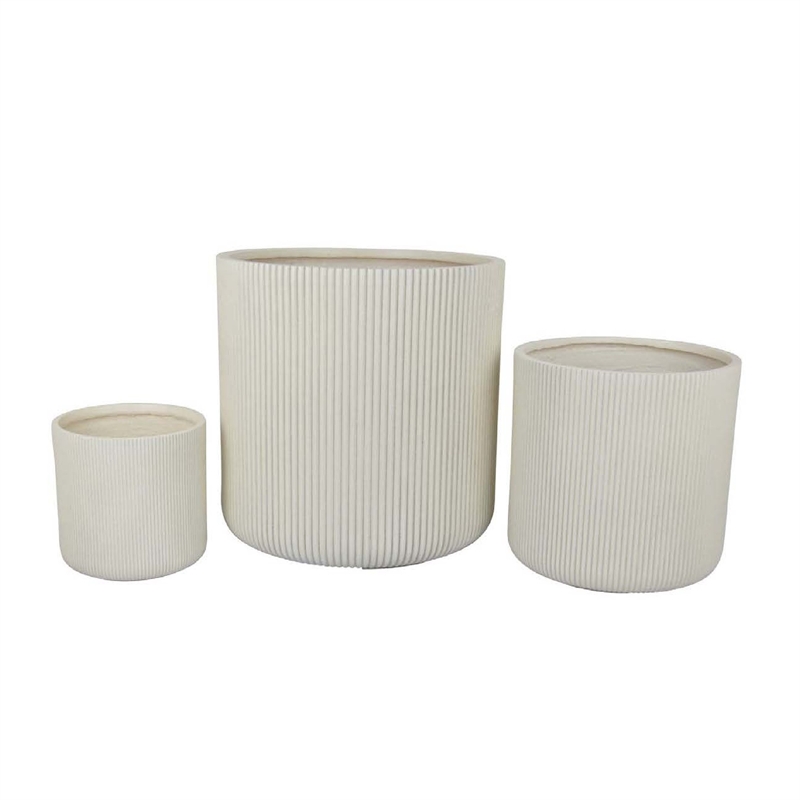 Benjara Elly Round Planter Set of 3- Vertical White Resin 18- 13- 9 Inch