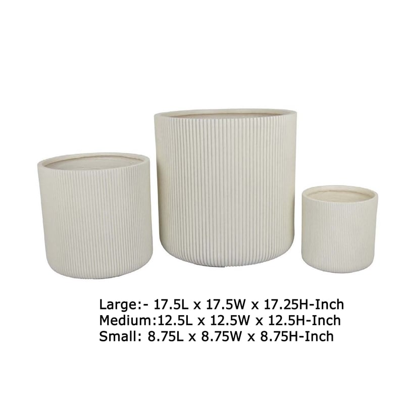 Benjara Elly Round Planter Set of 3- Vertical White Resin 18- 13- 9 Inch