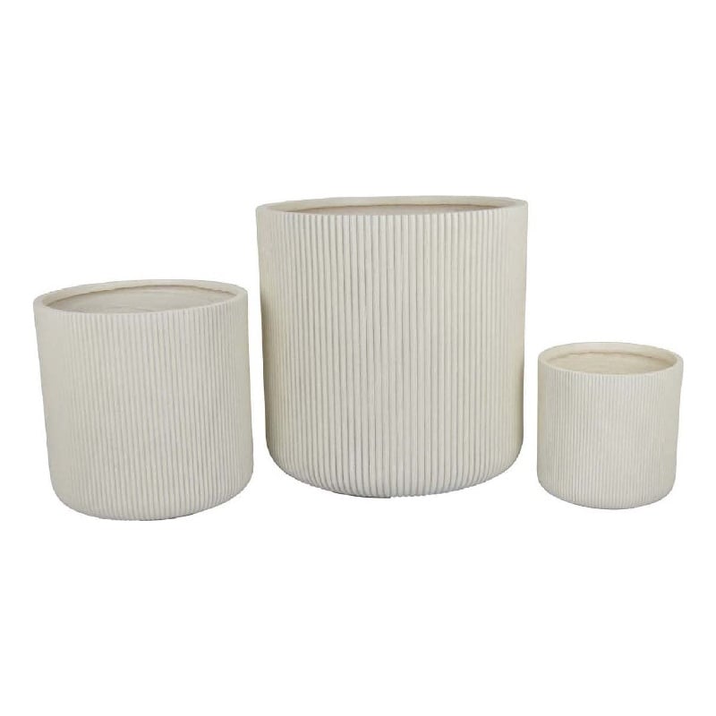 Benjara Elly Round Planter Set of 3- Vertical White Resin 18- 13- 9 Inch