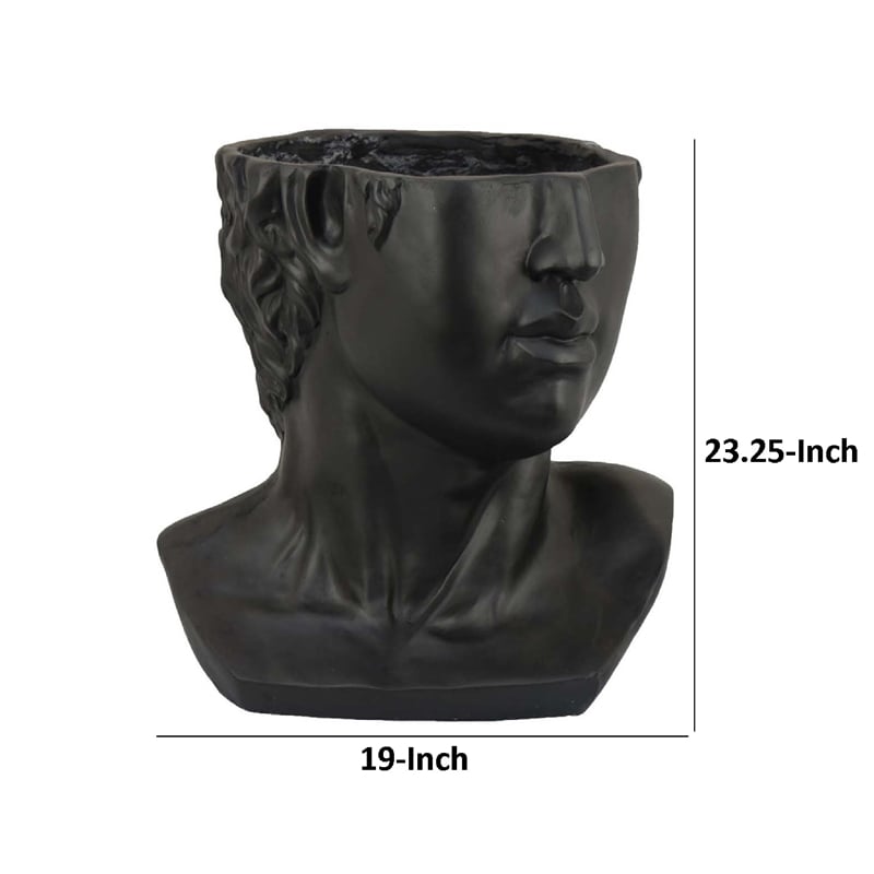 Benjara Kylz Decor Head Garden Planter- 23 Inch- Wide Open Top- Black Resin