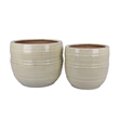 Benjara Paulo Barrel Planter Set of 2- Raised Ribbed Beige Ceramic 19- 15 Inch