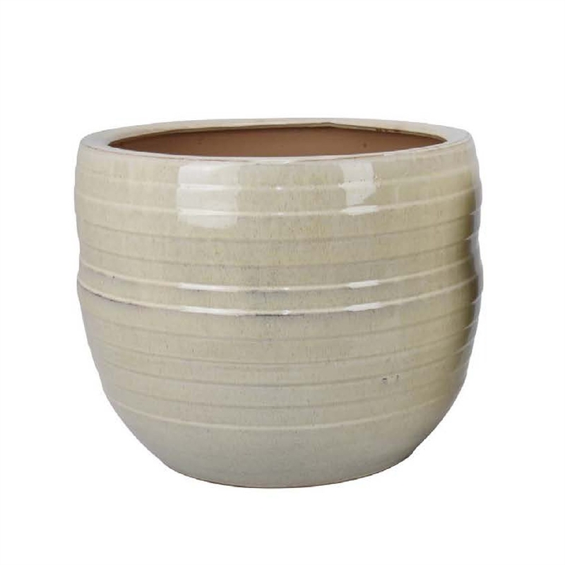 Benjara Paulo Barrel Planter Set of 2- Raised Ribbed Beige Ceramic 19- 15 Inch
