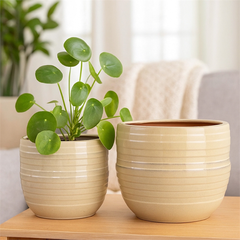 Benjara Paulo Barrel Planter Set of 2- Raised Ribbed Beige Ceramic 19- 15 Inch