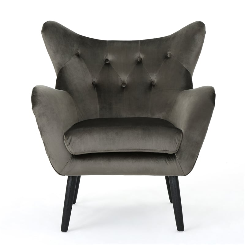 Benjara Zorro Armchair- Black Angled Wood Legs- Gray Button Tufted Velvet