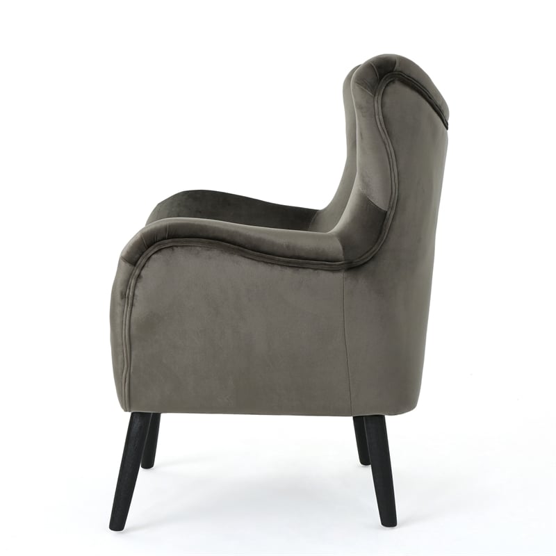 Benjara Zorro Armchair- Black Angled Wood Legs- Gray Button Tufted Velvet
