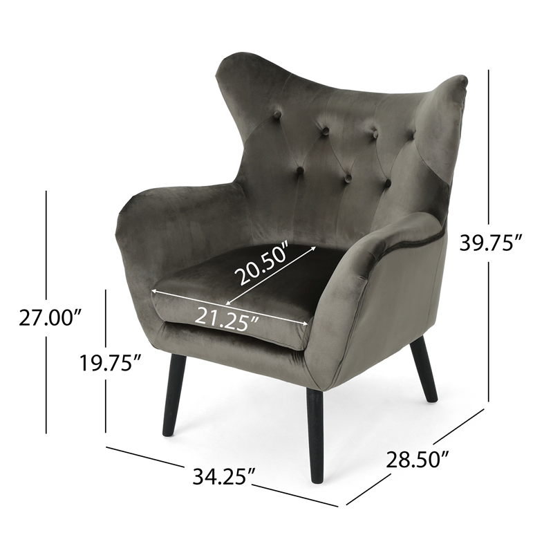 Benjara Zorro Armchair- Black Angled Wood Legs- Gray Button Tufted Velvet