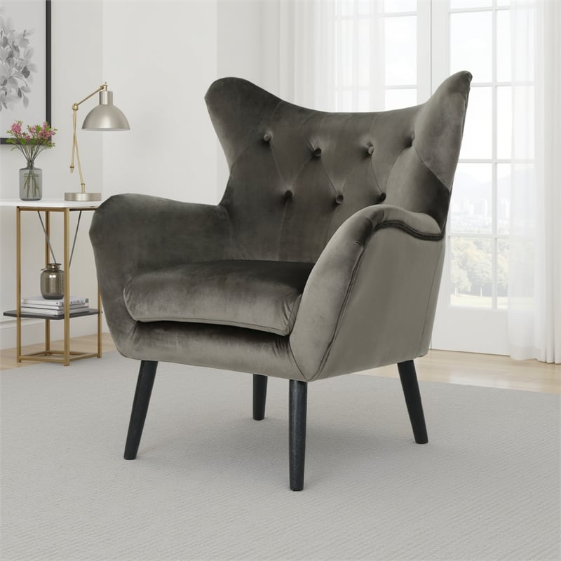 Benjara Zorro Armchair- Black Angled Wood Legs- Gray Button Tufted Velvet