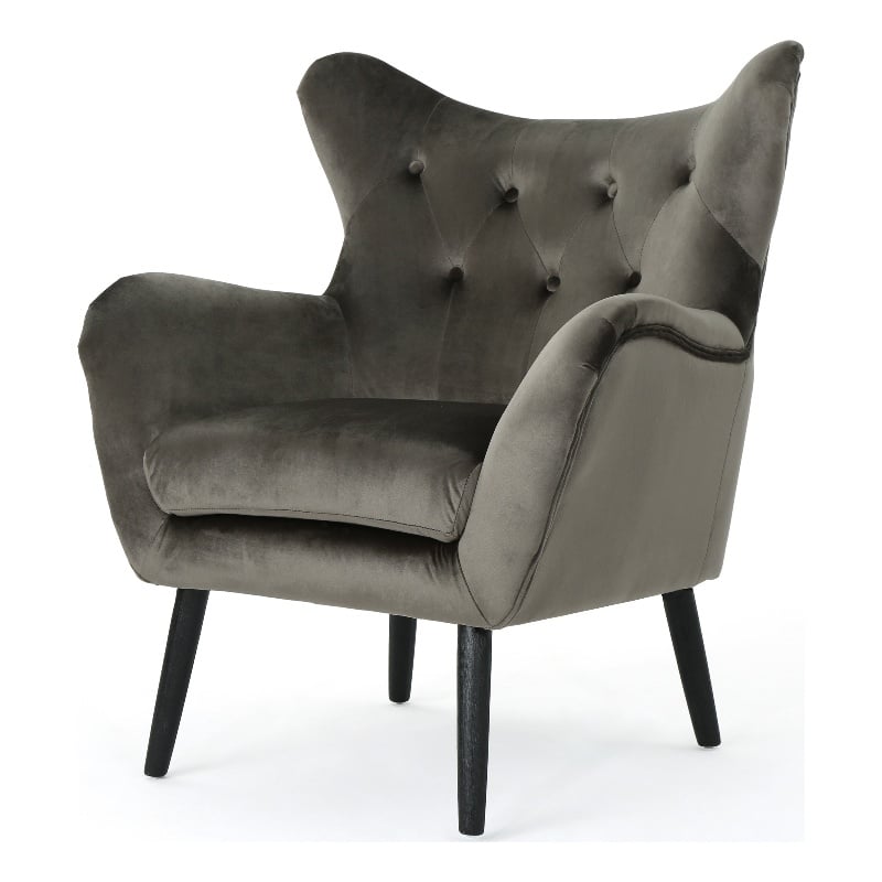 Benjara Zorro Armchair- Black Angled Wood Legs- Gray Button Tufted Velvet