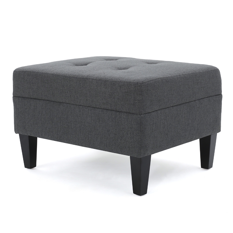 Benjara Sabby Ottoman with Tapered Birch Wood Legs- Dark Gray Fabric 29 Inch