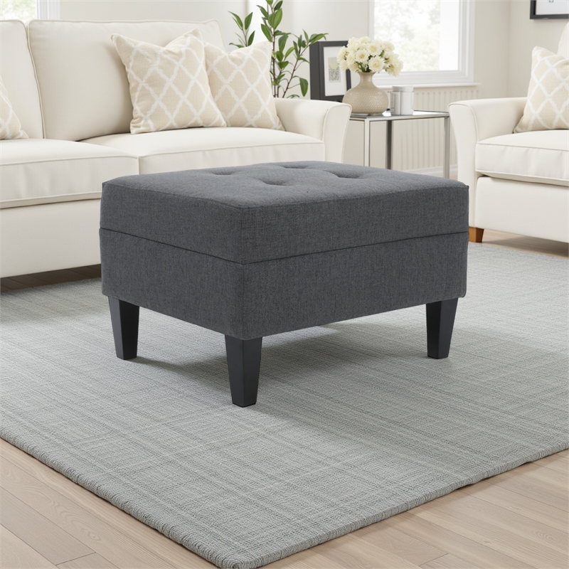 Benjara Sabby Ottoman with Tapered Birch Wood Legs- Dark Gray Fabric 29 Inch