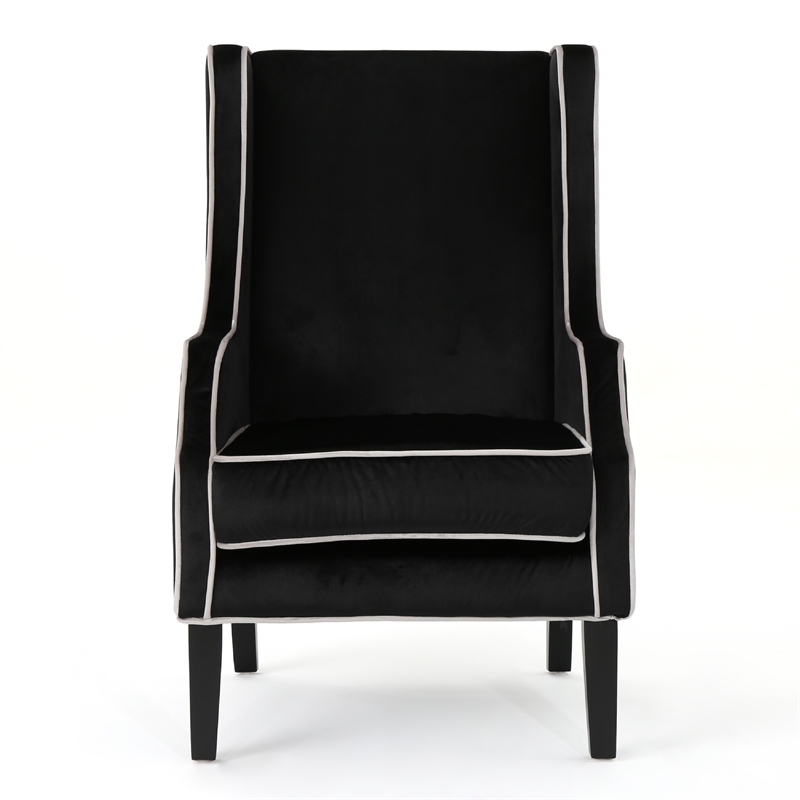 Benjara Vendy Accent Club Armchair- High Backrest- Rubberwood- Black Velvet