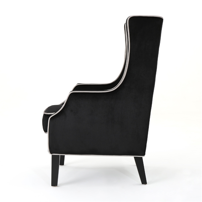 Benjara Vendy Accent Club Armchair- High Backrest- Rubberwood- Black Velvet