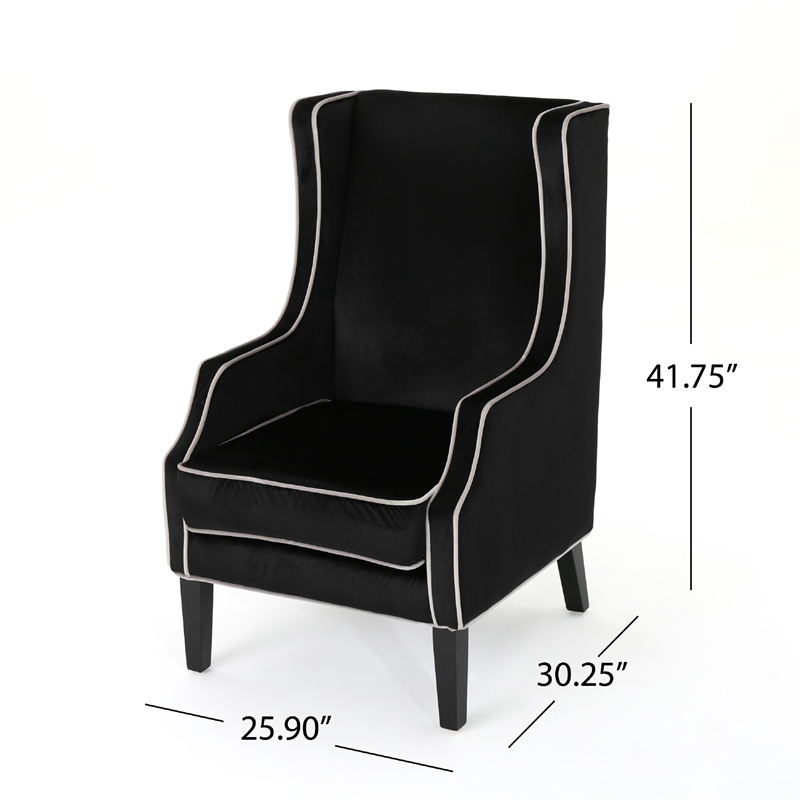 Benjara Vendy Accent Club Armchair- High Backrest- Rubberwood- Black Velvet