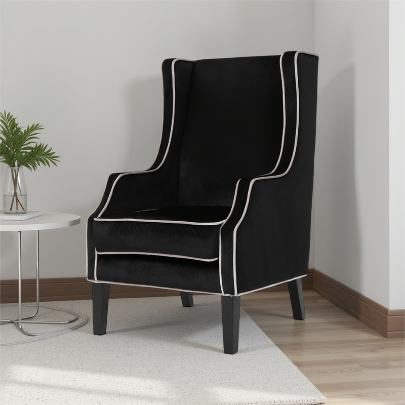 Benjara Vendy Accent Club Armchair- High Backrest- Rubberwood- Black Velvet