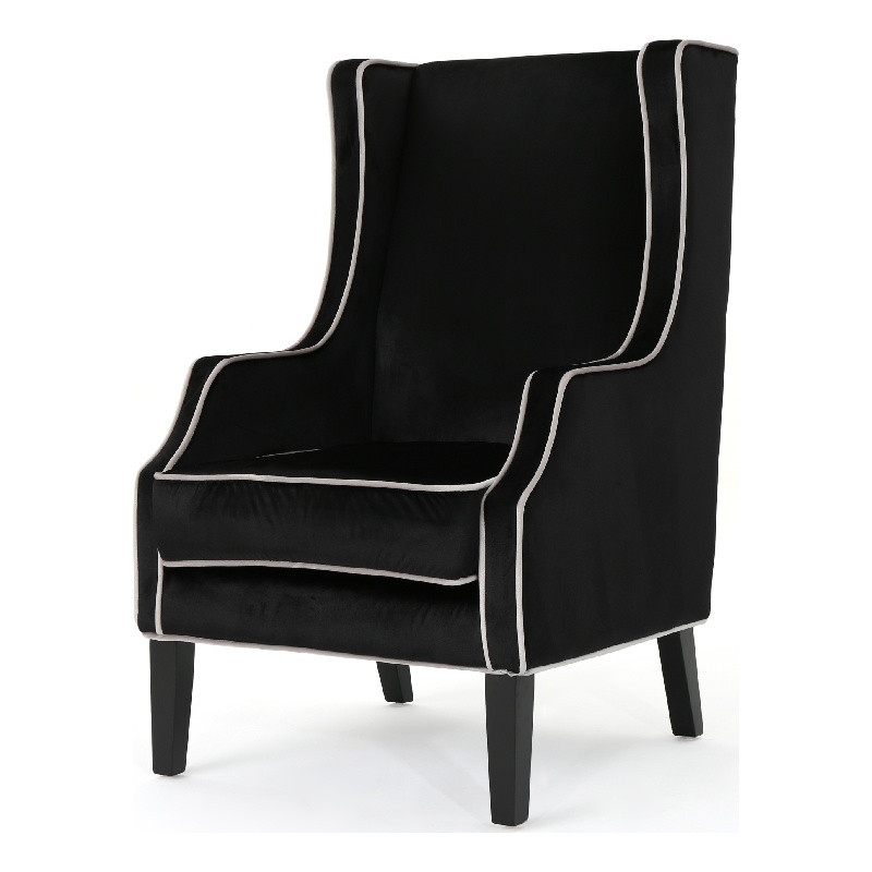 Benjara Vendy Accent Club Armchair- High Backrest- Rubberwood- Black Velvet