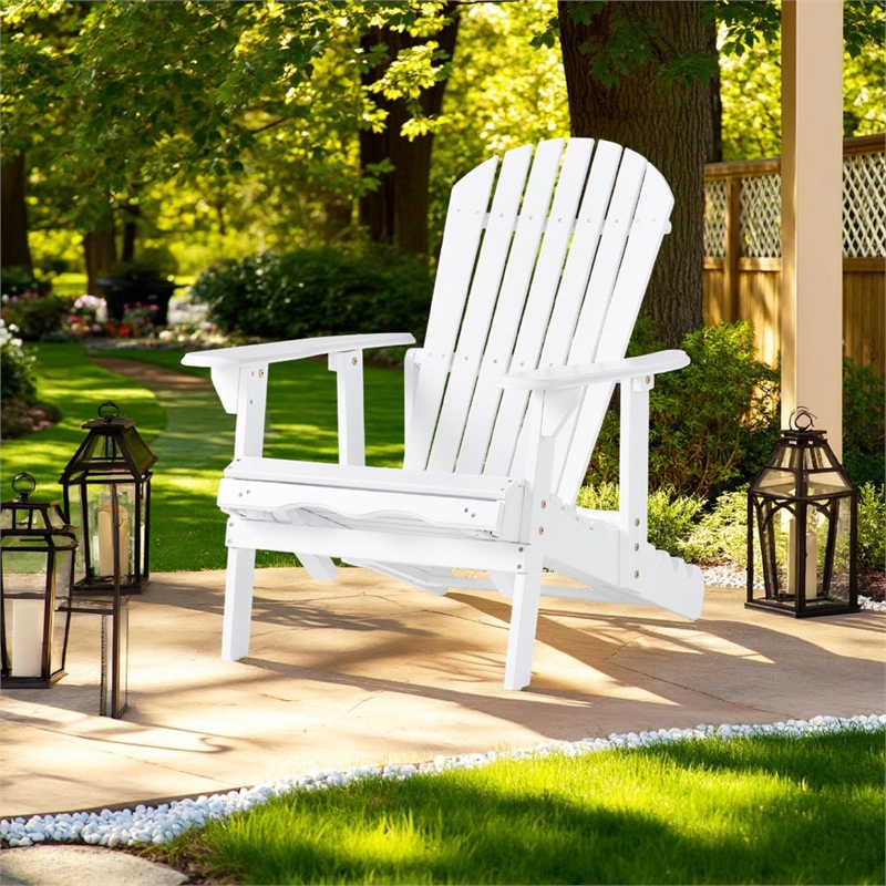 Benjara Libo Outdoor Reclining Adirondack Chair with Slanted Back- White Wood