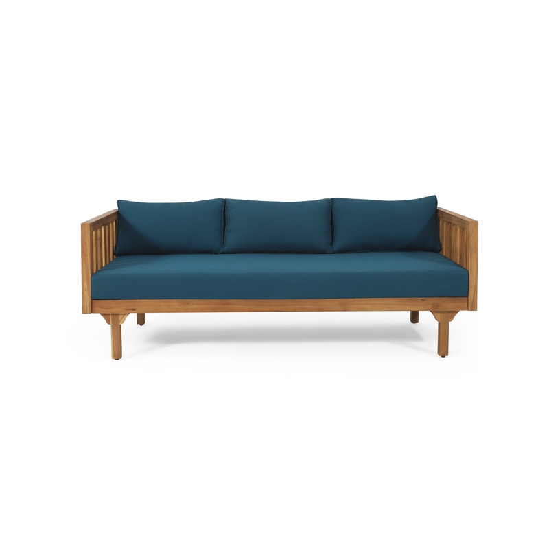 Benjara Clara Outdoor 3 Seater Daybed Sofa- Slatted Teak Wood- Blue Fabric