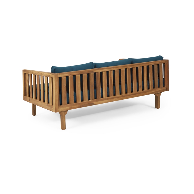Benjara Clara Outdoor 3 Seater Daybed Sofa- Slatted Teak Wood- Blue Fabric