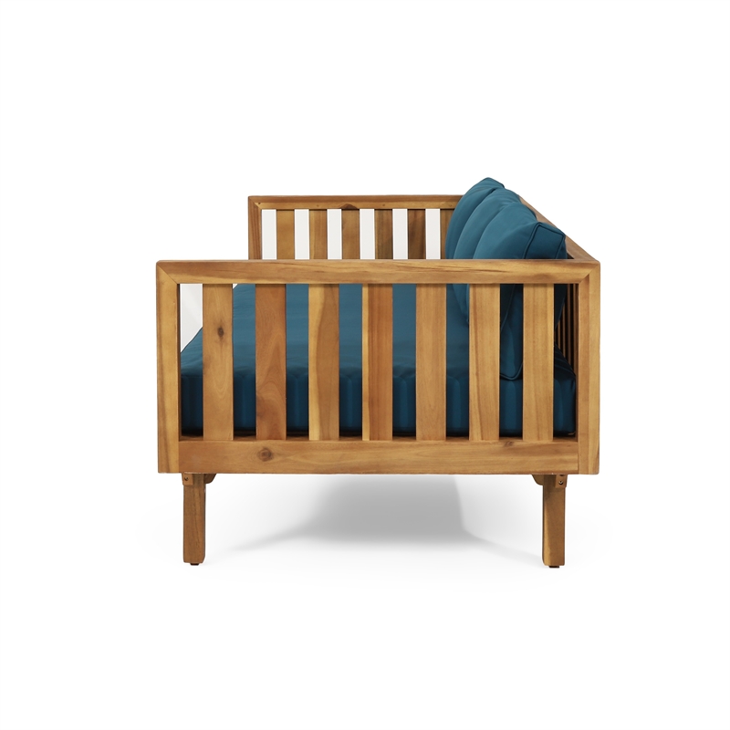 Benjara Clara Outdoor 3 Seater Daybed Sofa- Slatted Teak Wood- Blue Fabric