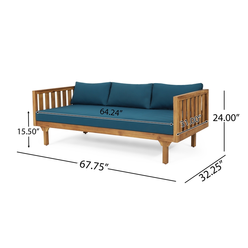Benjara Clara Outdoor 3 Seater Daybed Sofa- Slatted Teak Wood- Blue Fabric
