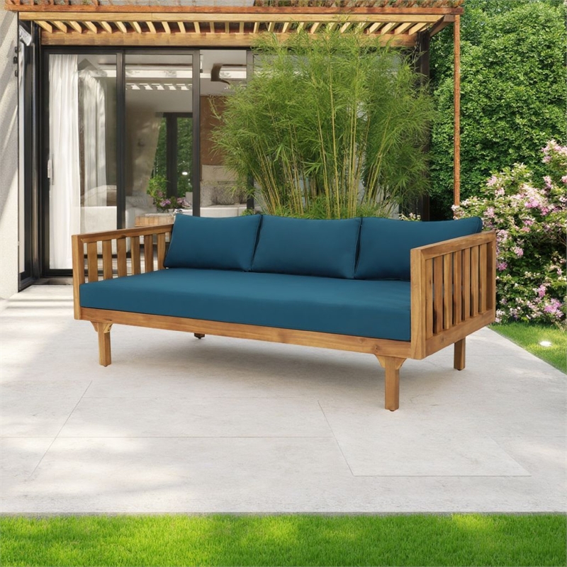 Benjara Clara Outdoor 3 Seater Daybed Sofa- Slatted Teak Wood- Blue Fabric