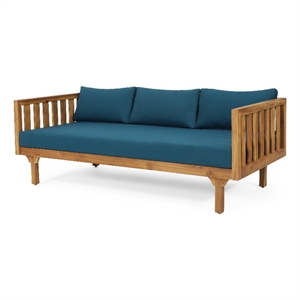 Benjara Clara Outdoor 3 Seater Daybed Sofa- Slatted Teak Wood- Blue Fabric