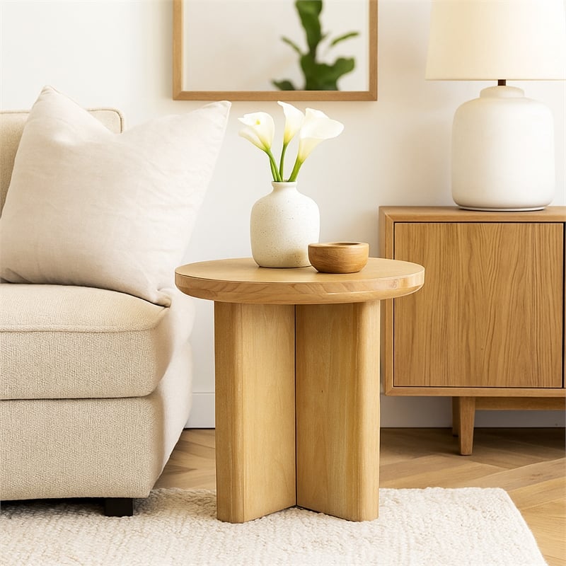 Benjara Round Side End Table- X Shaped Paneled Legs- 24